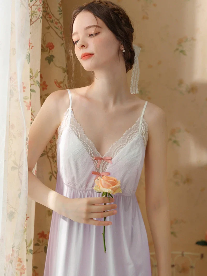 Women Summer Sleeveless Nightdress French Vintage Princess Pajama Sweet Girls Lace Cotton Victorian Fairy Nightgowns Sleepwear