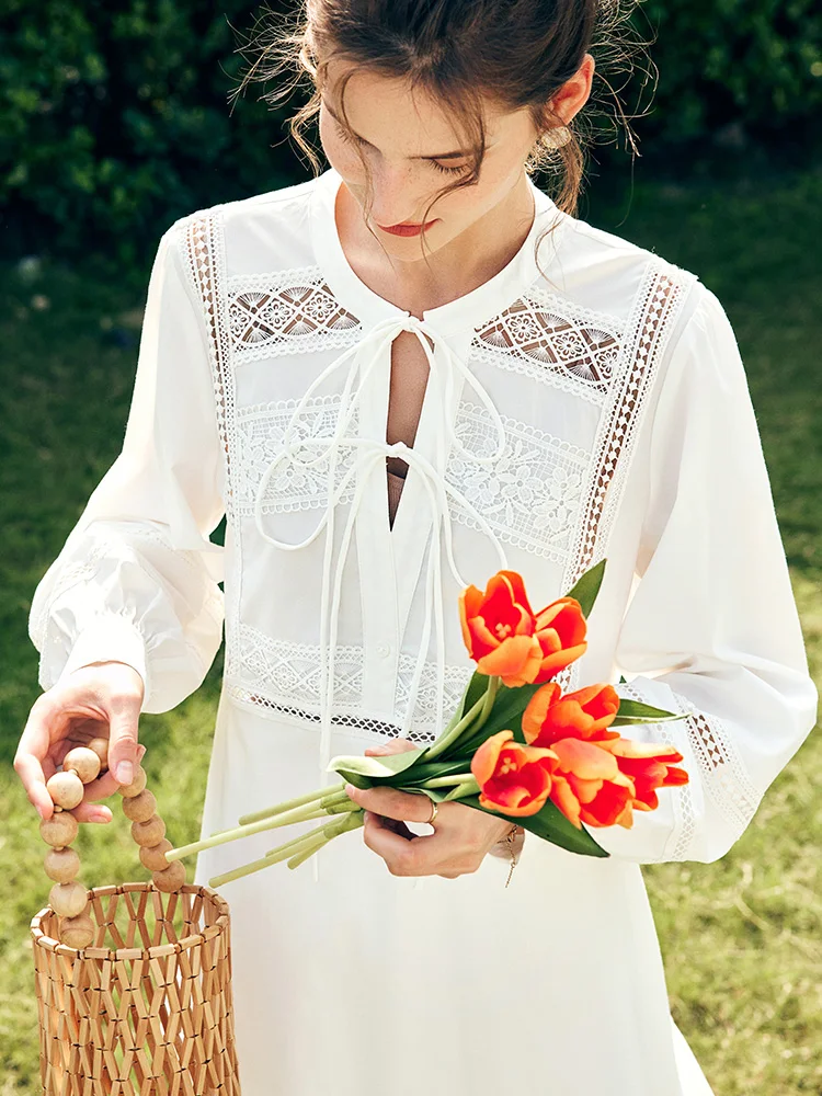 

OLrain Fashion Women's Long Sleeve Dress 2025 Autumn Solid French Dress Ladies Lace Hollow Doll Tea Break Dresses O23CL69566