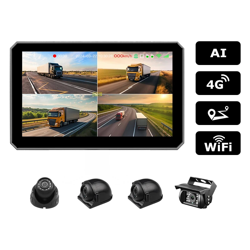 12V/24V AI 4CH Monitor 4G GPS Wifi Online BSD Blind Spot Monitoring Truck Bus Van Camera Dvr Kit Support 2TB SSD HDD 512 TF SD