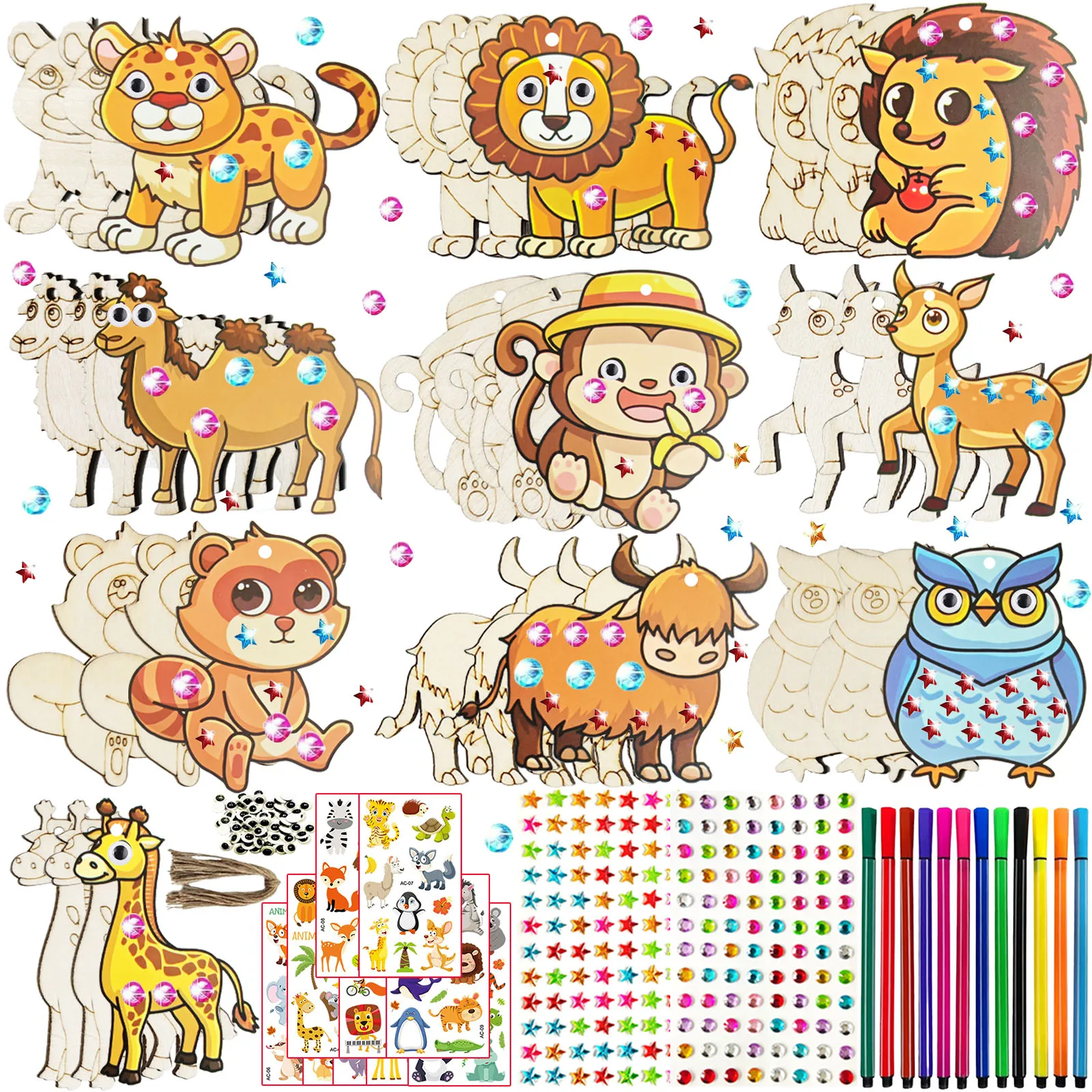

296PCS animal themed wooden crafts set, colorable wooden crafts, unfinished crafts set, DIY crafts set, ideal birthday gift