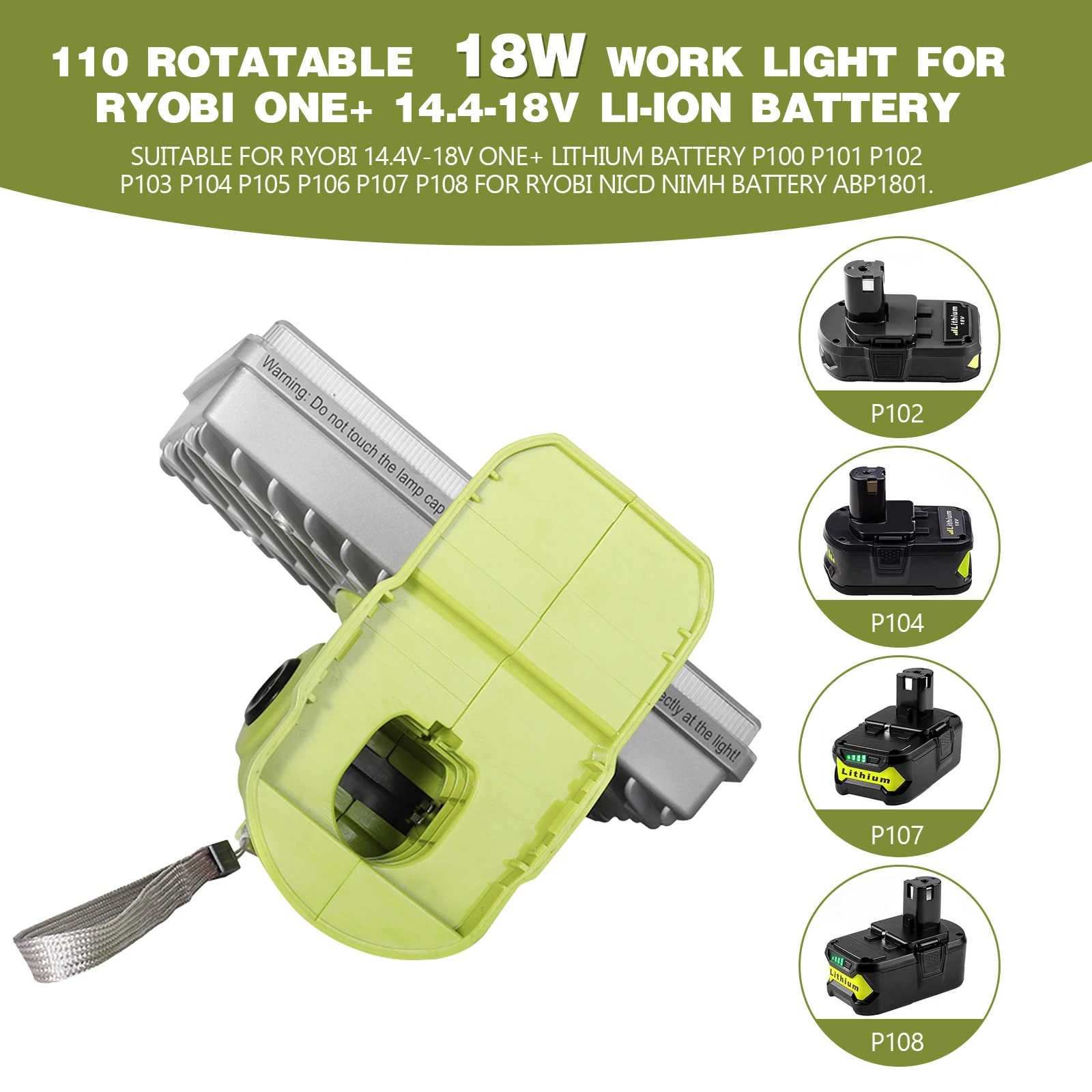 屋外キャンプ用ポータブルLED懐中電灯,垂直ランプ,家庭用,リチウムイオン電池,仕事,リョービ,18W,2000lm,14.4v-20v