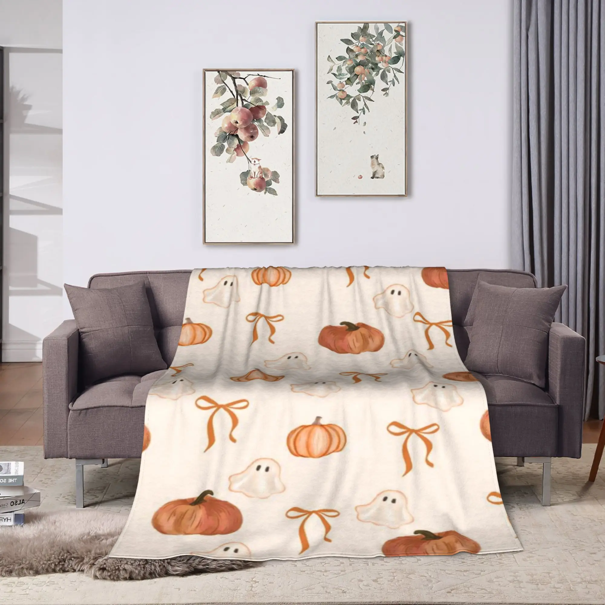 Soft Warm BlanketKids Adult Travel Watercolor Pumpkin Patch Halloween Throw Blanket  Flannel Aesthetic Sofa Bed Cover