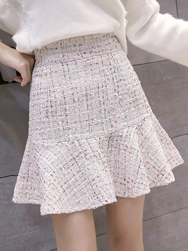 

SMTHMA Tweed Skirts For Women Plaid High Waist Slimming Skirts Autumn Spring Tweed Wool Mermaid Mini Skirt Saia Feminina