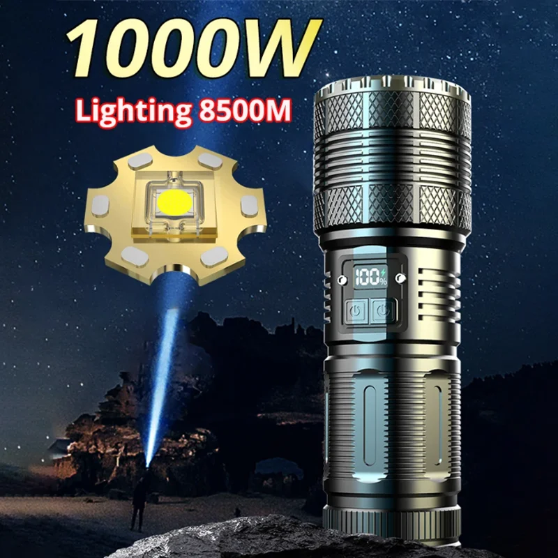 1000w high power LED flashlight portable USB chargable built-in battery 7800mah camping outdoor multifunctional emergency light