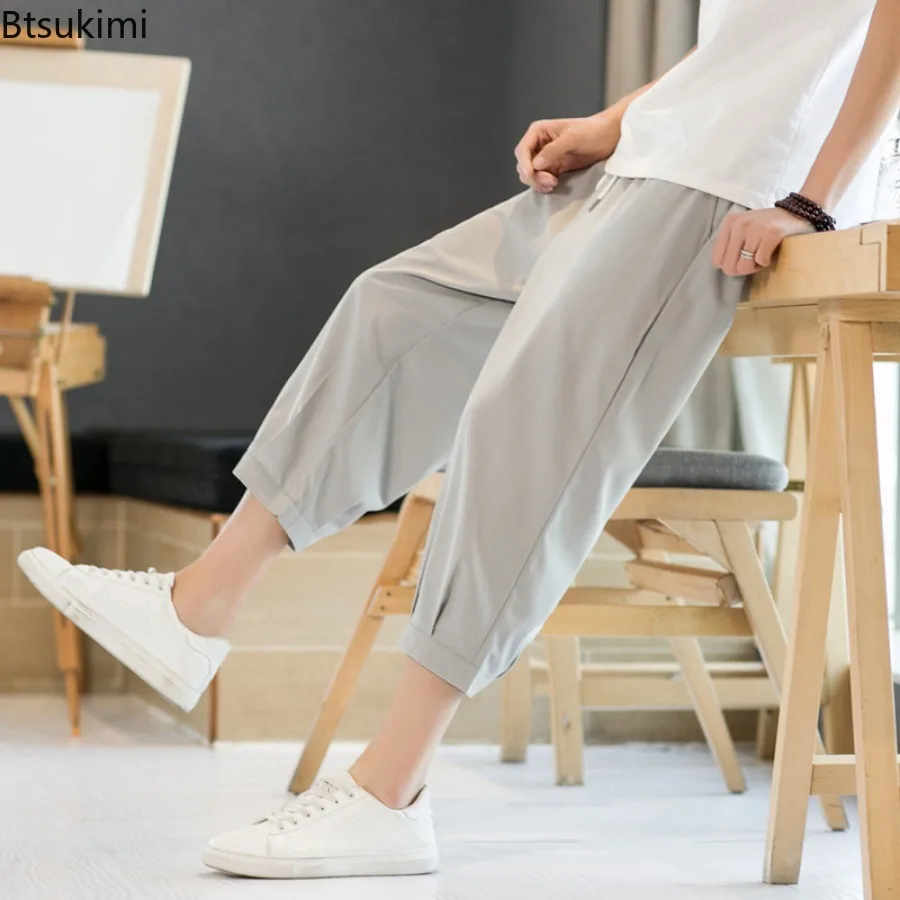 Summer New Men's Loose Casual Trousers Breathable Solid Drawstring Sport Pants Thin Style Quick Drying Joggers Men Capris Shorts