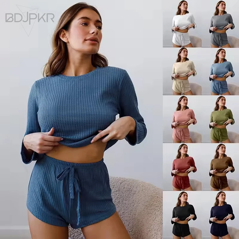 

Женские однотонные вафельные костюмы, удобные и дышащие, с длинными рукавами и круглым вырезом, домашние повседневные костюмы, простая одежда для женщин YCF2