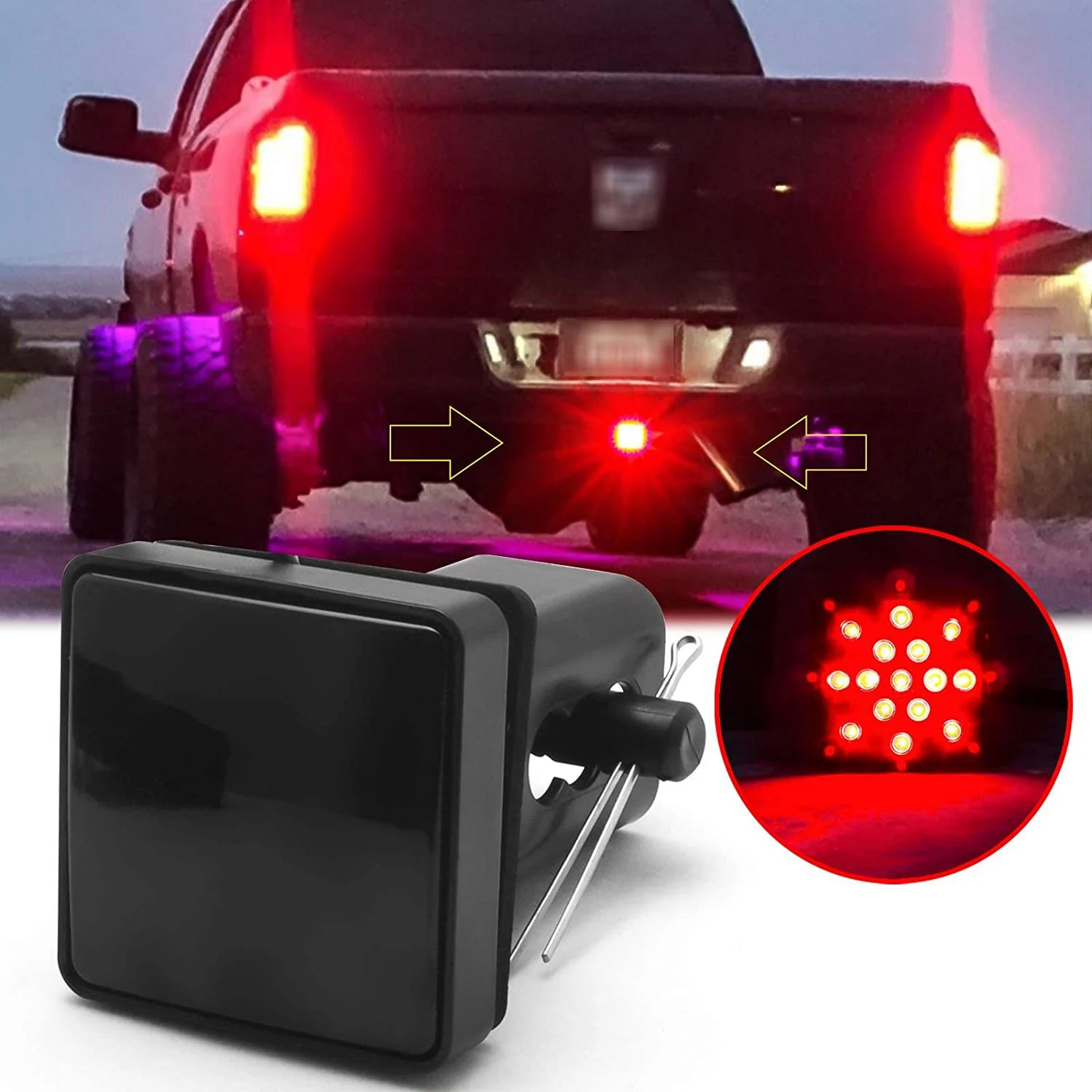 2Inch Smoked 15-LED Brake Light DRL Trailer Hitch Cover Fit Towing & Hauling with Pin