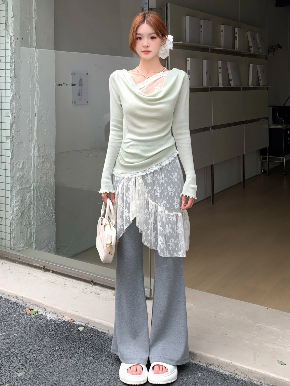 

Новые модные женские брюки-клеш с высокой талией, кружевными вставками и эффектом похудения, в корейском стиле, от IcyNude Store