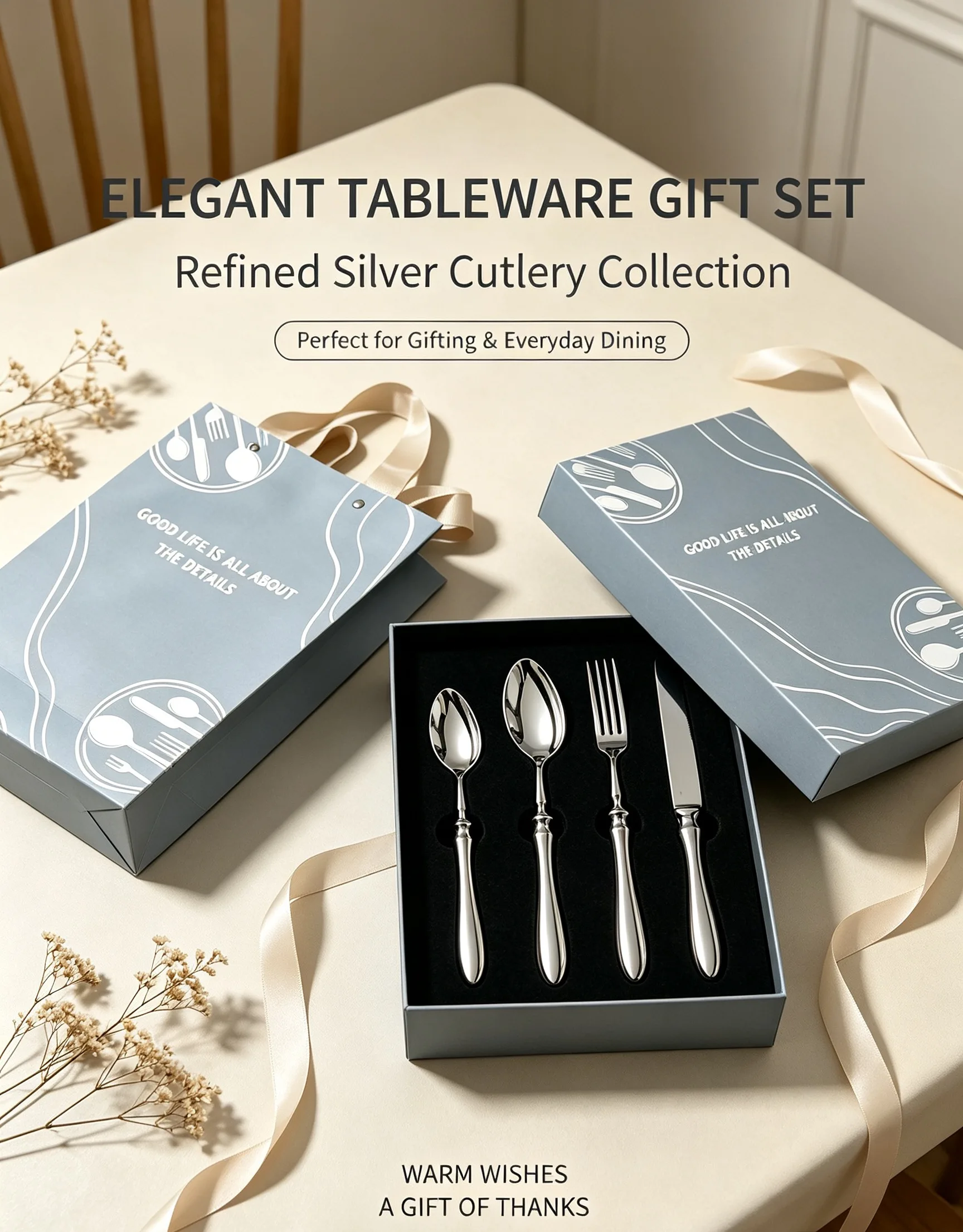 Thanksgiving 4Pcs Vertical Grain Cutlery Set,420/304 Stainless Steel Dining Gift Box Utensils