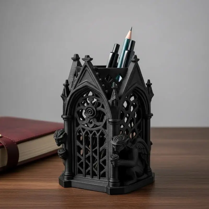 Black Skull Gothic Pen Holder Unique Storage Desk Organizer Cool Gift for Office Supplies Home Decoration