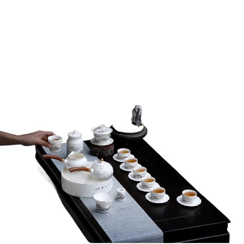 

Suet jade tea set High-end household ceramic teapot Office Kung Fu tea set Tea cup gift box set