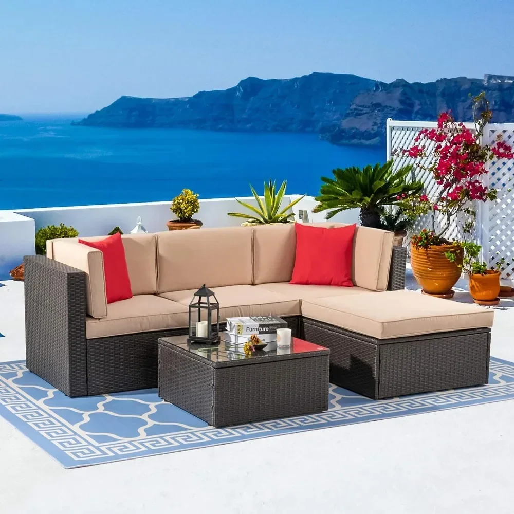 5 Piece Patio Furniture Sets, All-Weather Brown PE Wicker Outdoor Couch Sectional Set, Small Conversation Set for Garden, Beige