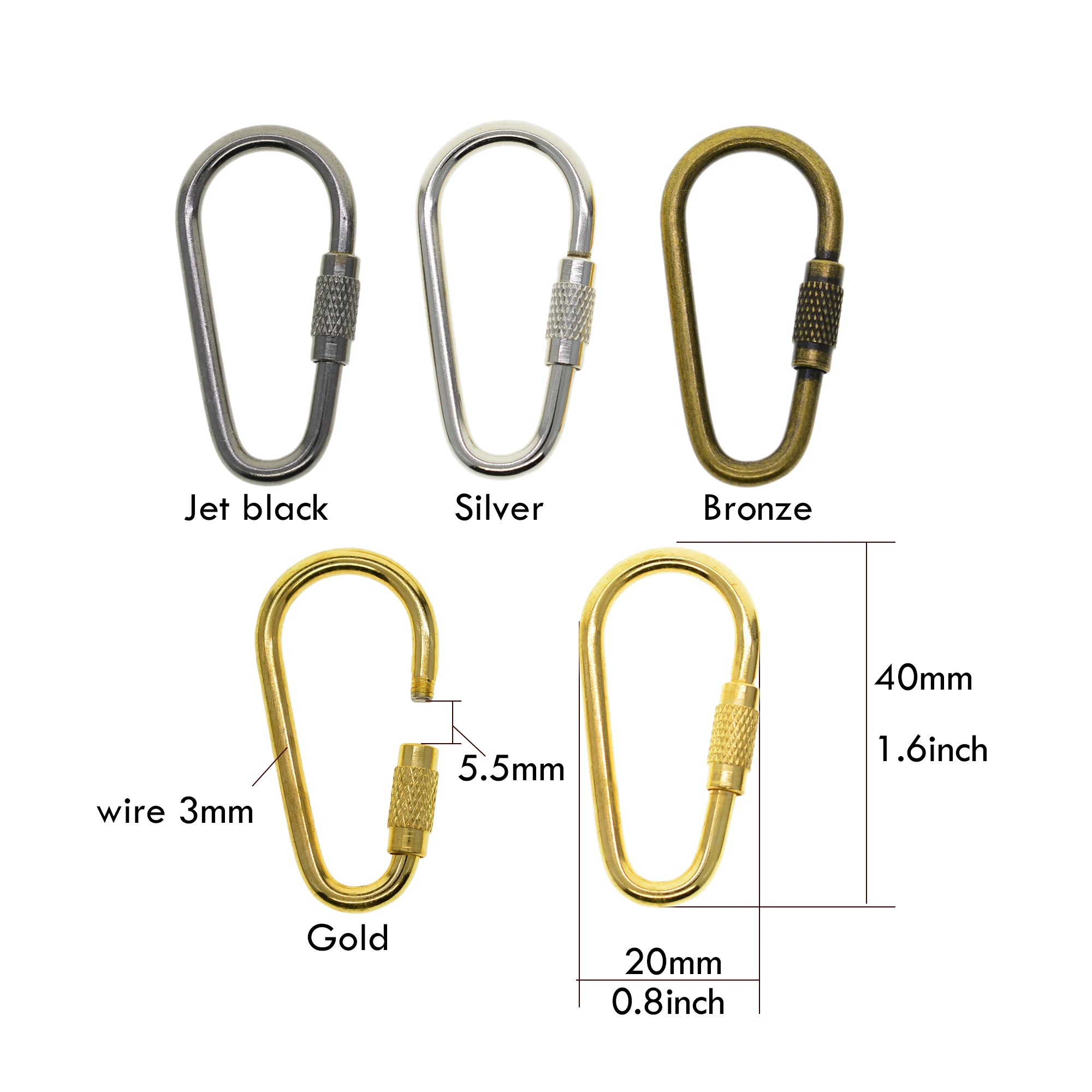 10pcs 40mm 1.6inches small Steel Pearl Screw Locking Carabiner Keychains Clasp Safety Hook Keychain keyring EDC FOB gear DIY