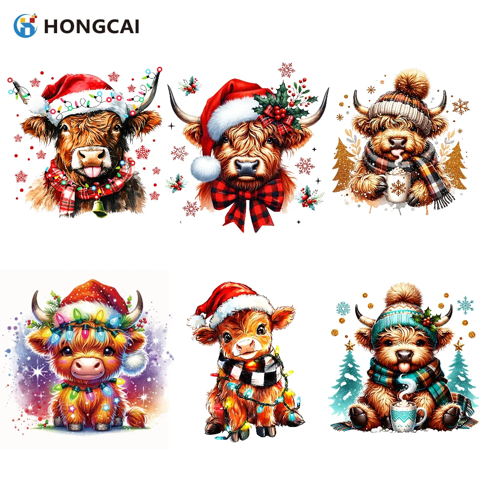 6 قطع من ملصقات الفينيل لنقل الحرارة على شكل بقرة هايلاند غامضة لعيد الميلاد - ألوان نابضة بالحياة، للقمصان الشخصية والسترات والوسائد #1