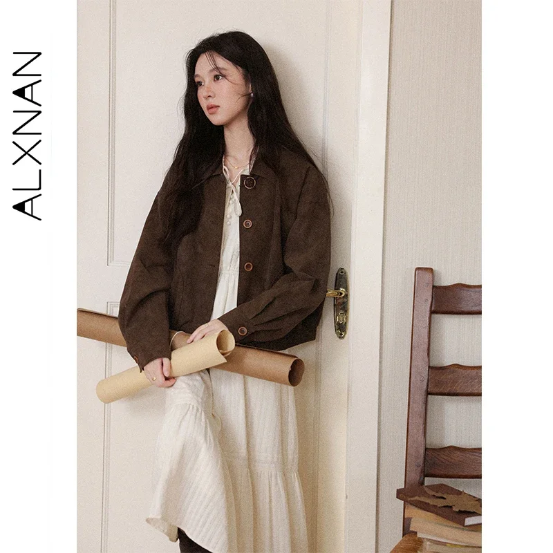 

ALXNAN Короткие куртки больших размеров, осень 2024, коричневые пальто с отложным воротником и пуговицами, свободная повседневная универсальная верхняя одежда для пригородных поездок D58016