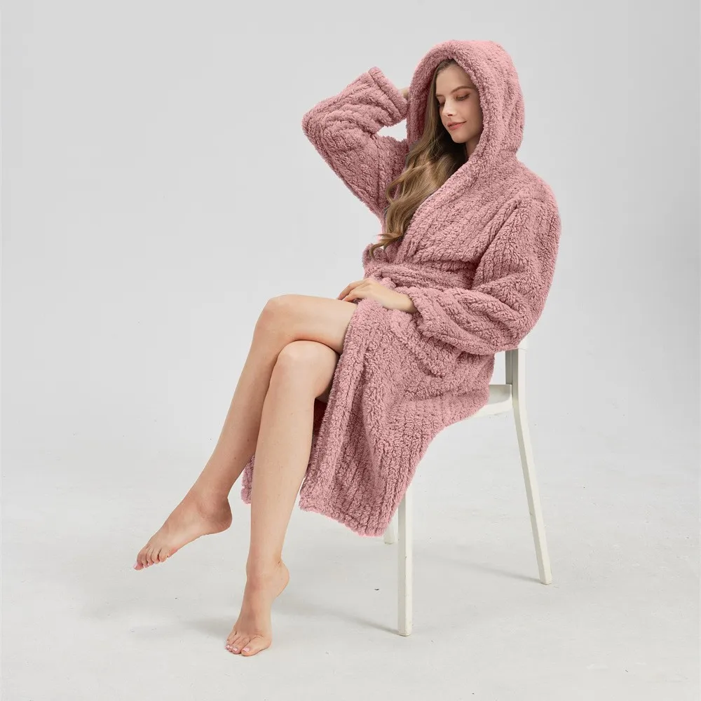 

Women's Solid Color Hooded Robe Long Sleeve Winter Warm Bathrobe Home Wear Plush Soft Pajamas Coral Fleece Home Nightgown