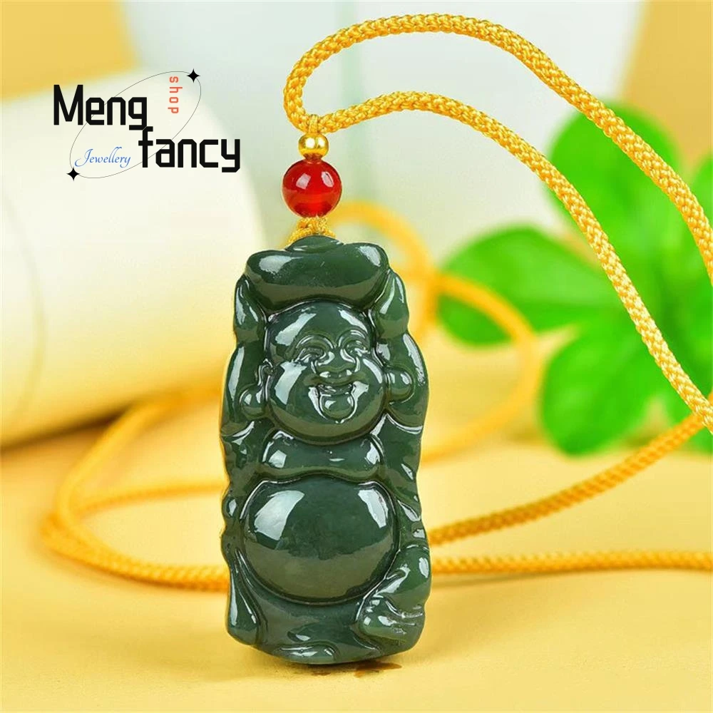 

Natural Xinjiang Hetian Green Jade Lifting a Yuan Bao Maitreya Buddha Pendant Exquisite Best Selling Fashion Fine Jewelry Mascot