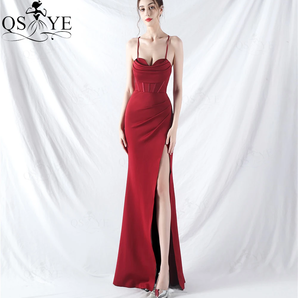 

Cowl Neck Burgundy Evening Dresses Spaghetti Straps Ruched Bodice Boned Corset Prom Dress with Slit Tie up Back Red Party Dress