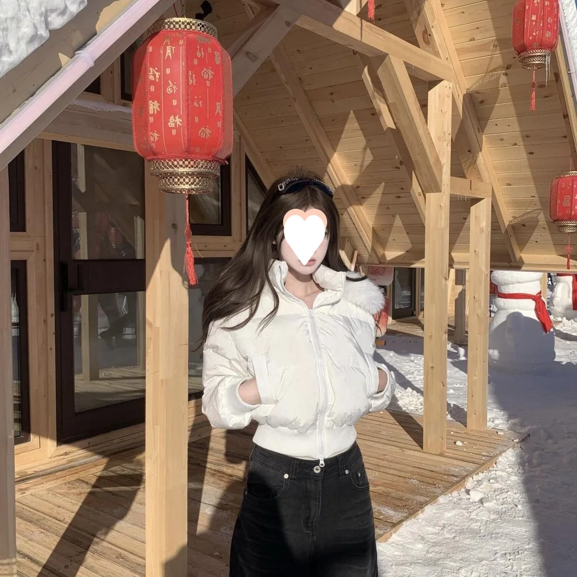 

Puffer Parkas Womens Quilted Coat Fur Mink Double Contrast Puffy Dual Button Short Cotton Flat Sport Drawstring Breathable Maxi