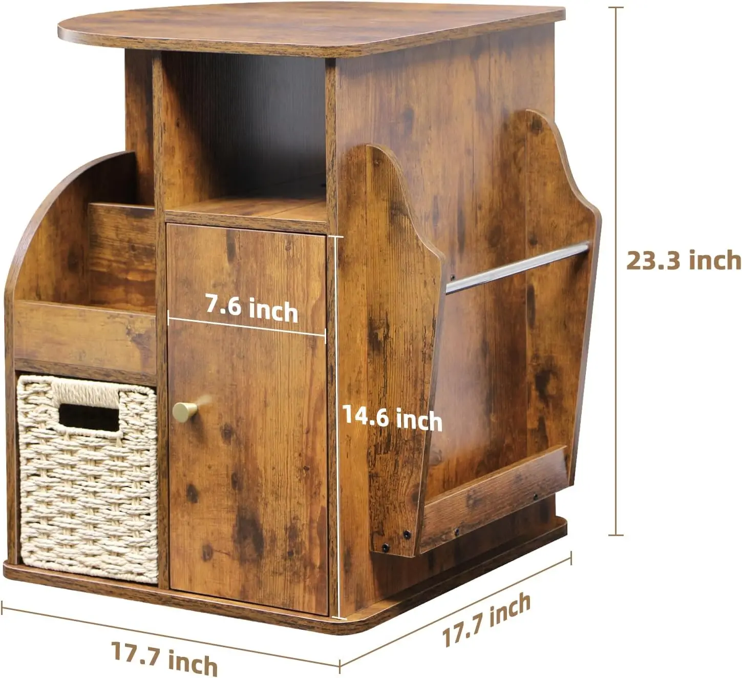 Rotating End Table With Storage, Round Swivel Side Table For Living Room Bedroom, Multi Compartment Organizer With Magazine Rack And Woven Basket, Rustic Brown