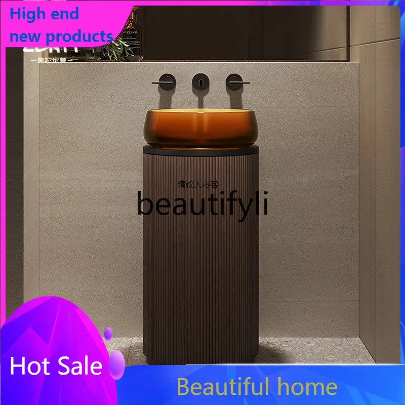 

Wood grain storage round transparent column basin Home hotel B & B floor integrated basin