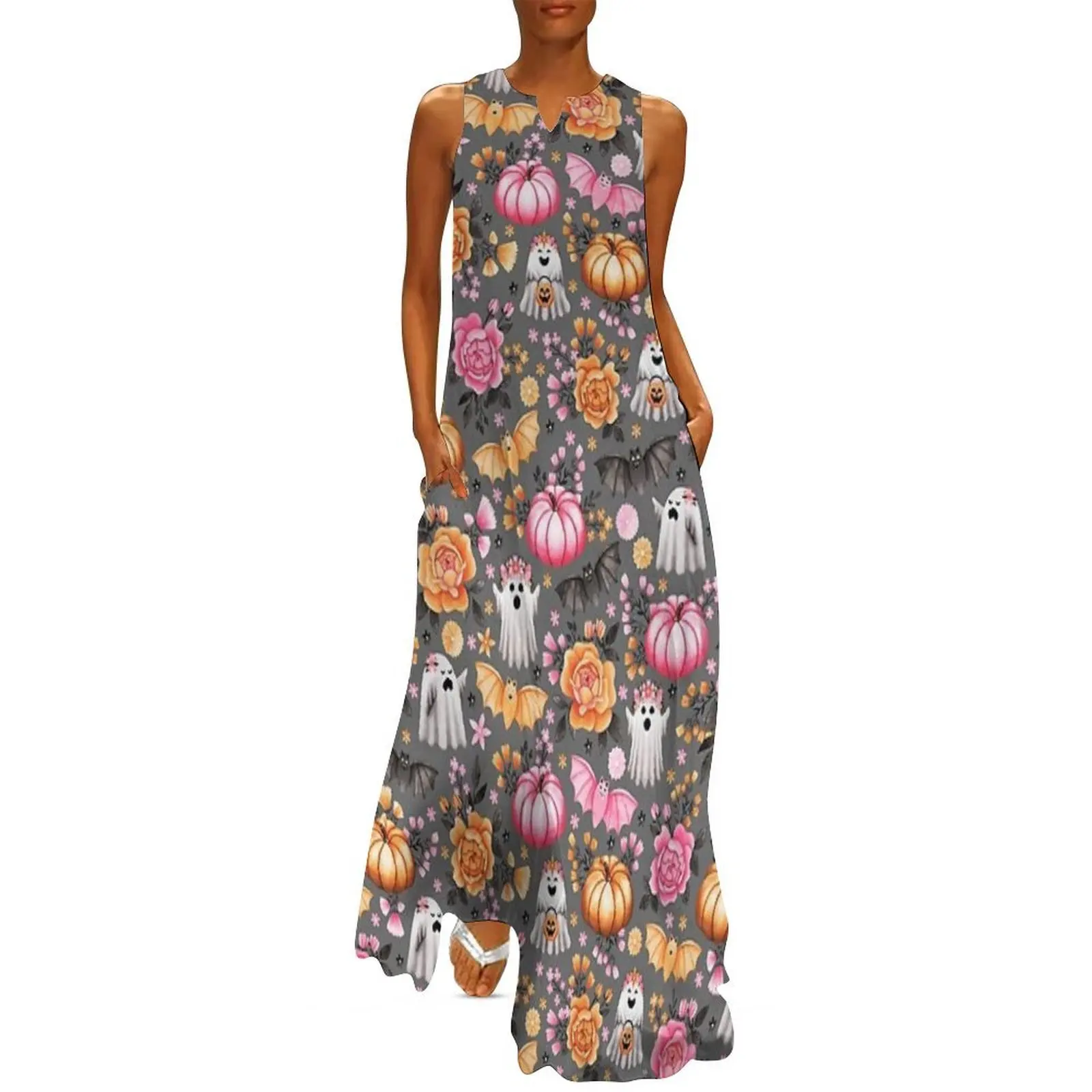 

Halloween Florals with Pumpkins, Bats and Ghosts on Grey - Pastel Halloween Long Dress birthday dresses for women Woman fashion
