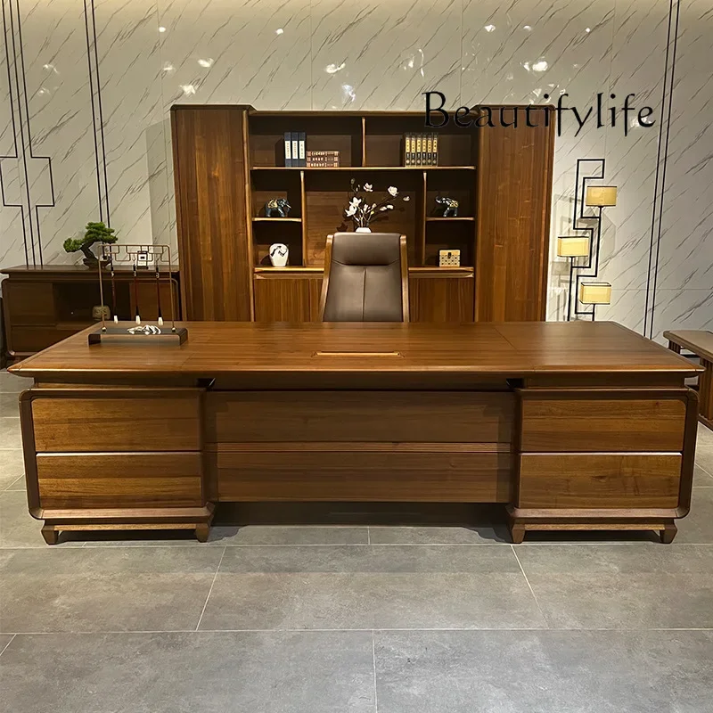 

X New Chinese Style Solid Wood Boss Desk Office General Manager Desk Walnut Desk