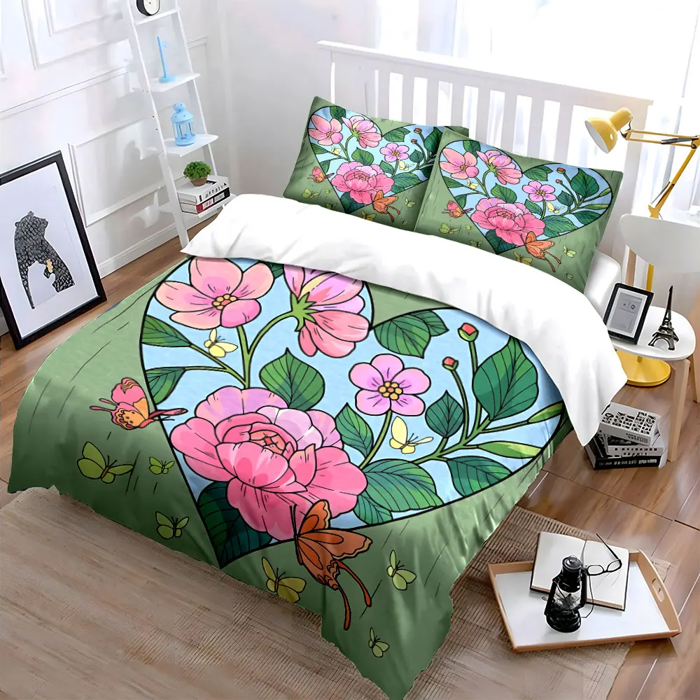 Heart-Shaped Floral Art Set Bedding Set with 1 Duvet Cover 2 Pillowcases Single Double King Queen, Gift