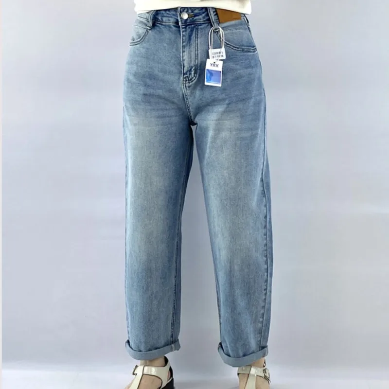 

Женские джинсы больших размеров 2025 года, новые простые эластичные джинсовые шаровары премиум-класса, плавки до щиколотки 100 кг, 5326