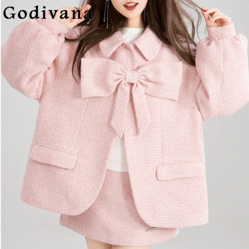 

Осенняя милая японская куртка с бантом для колледжа, уменьшающая возраст, женская милая свободная модная корейская юбка с длинными пышными рукавами и высокой талией