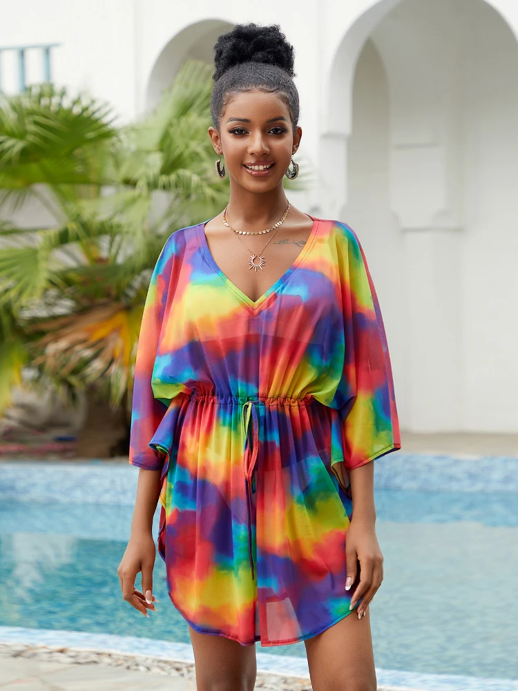 

Mesh Knitted Beach Tunic Dresses Swimsuit Cover Ups for Women Drawstring Waist Rainbow Leopard Africa Printed Summer Beachwear