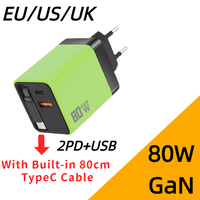80W GaN PD USB-C Charger with 80cm Retractable Cable Foldable Super Fast Charger for iPhone16 15 Promax/Samsung/Xiaomi/Huawei