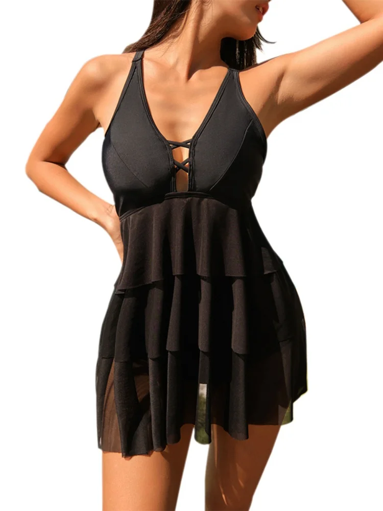 2 قطعة ملابس السباحة النساء 2026 جديد الصلبة الرباط الدانتيل مقبلات تنورة ملابس الصيف Tankini عالية الخصر الشاطئ ثوب السباحة الإناث #2