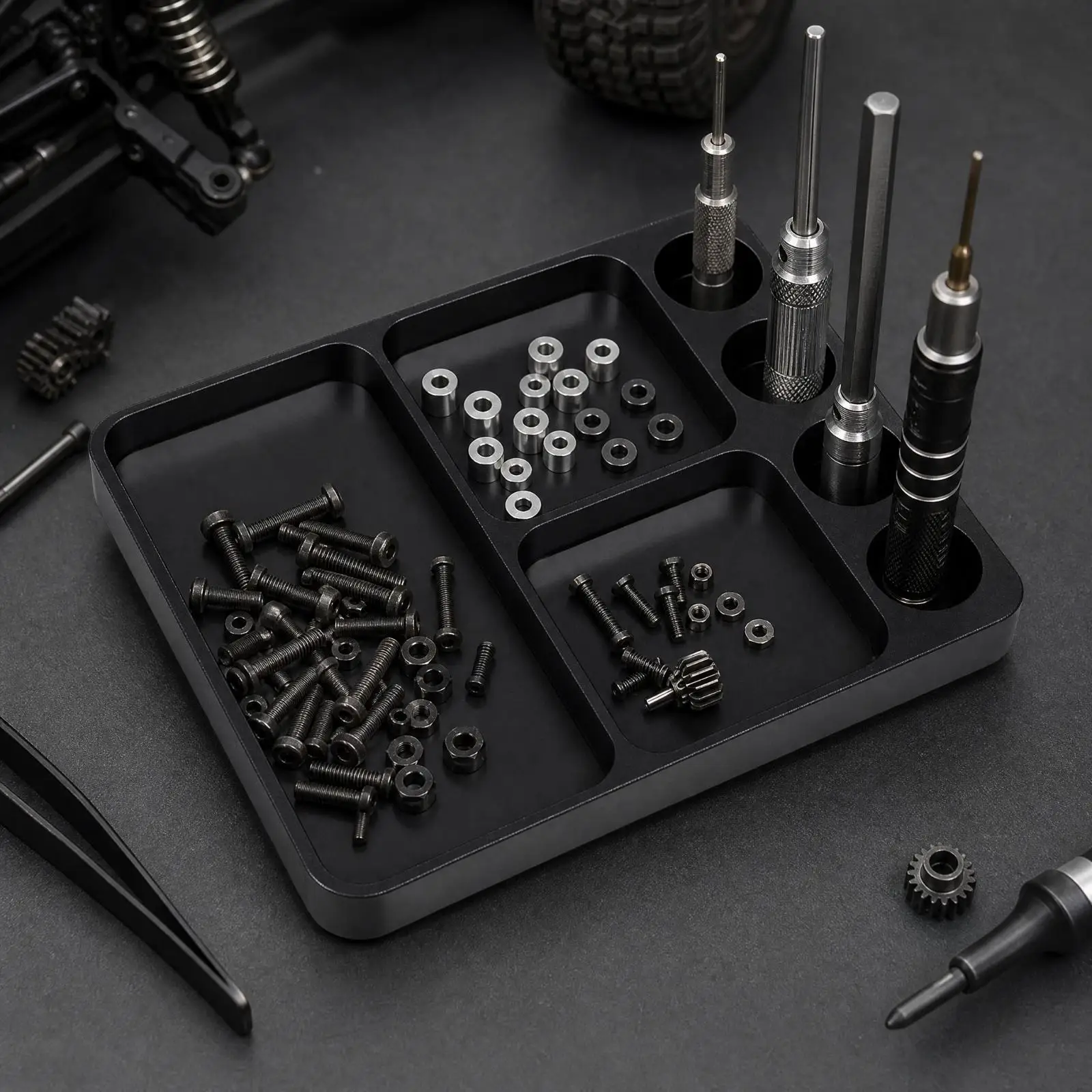 Portable RC Repair Tray with Circular Tool Recesses for 1 10 Scale Car Truck Model Building Maintenance Organizer