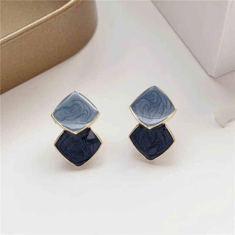 Korean Enamel Blue Double Square Contrasting Color Stud Earring for Women Modern Fashion Cute Girl Geometry Jewelry Accessories