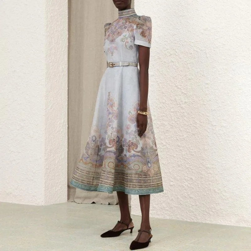 

Australian Linen Blend High Neck Belted Midi Dress with Sleeveless Strap