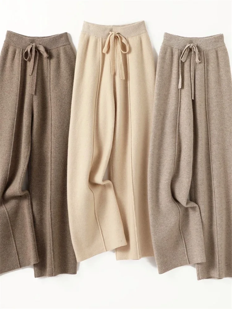 

Women's High Waist Wide Leg Pants 100% Merino Wool Knitted Casual Autumn Winter Thick Cashmere Trousers Korean Popular Style