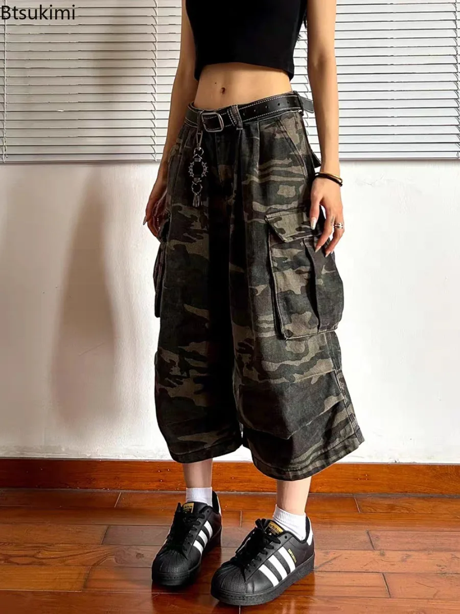 New Unisex Camo Denim Cropped Pants Curved‑Knife Vintage Distressed Loose Straight‑Leg Casual Streetwear American Work Trousers