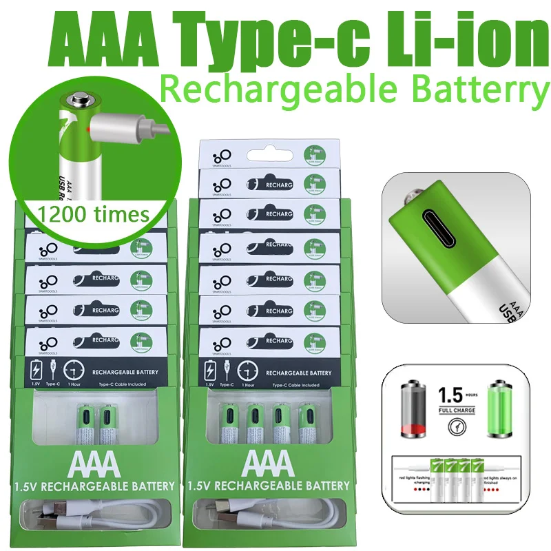 

1.5V AAA Rechargeable Li-ion Battery 750mWh USB Charging with Cable for Remote Control Wireless Mouse Keyboard Digital Devices
