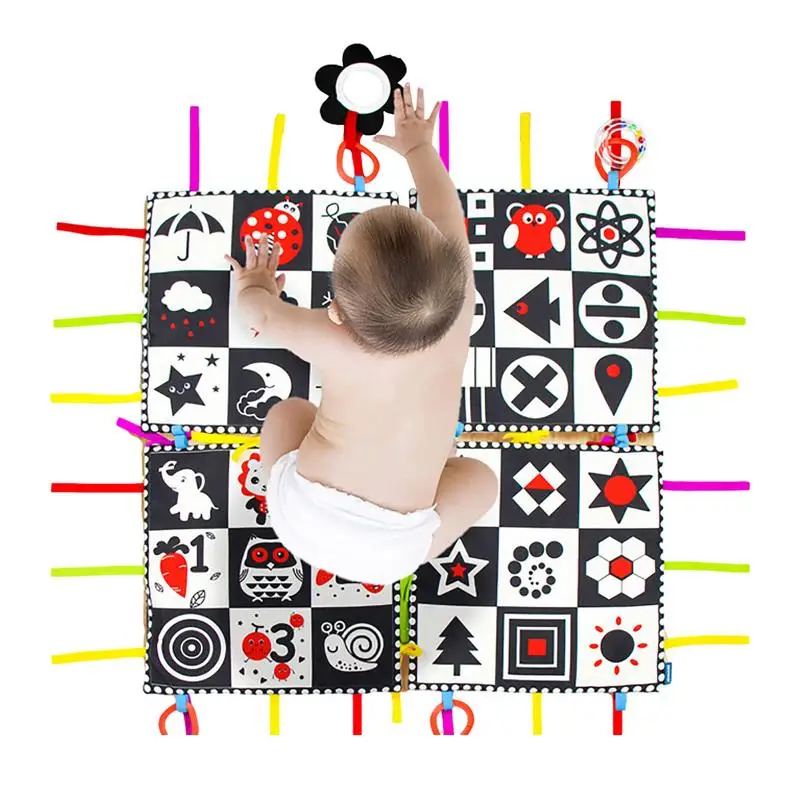 Kids Floor Playmat 4pcs Tummy Time Mat 2 Side Spliceable Non-Slip High Contrast Kids Play Mat For Crawling For Playing Teether