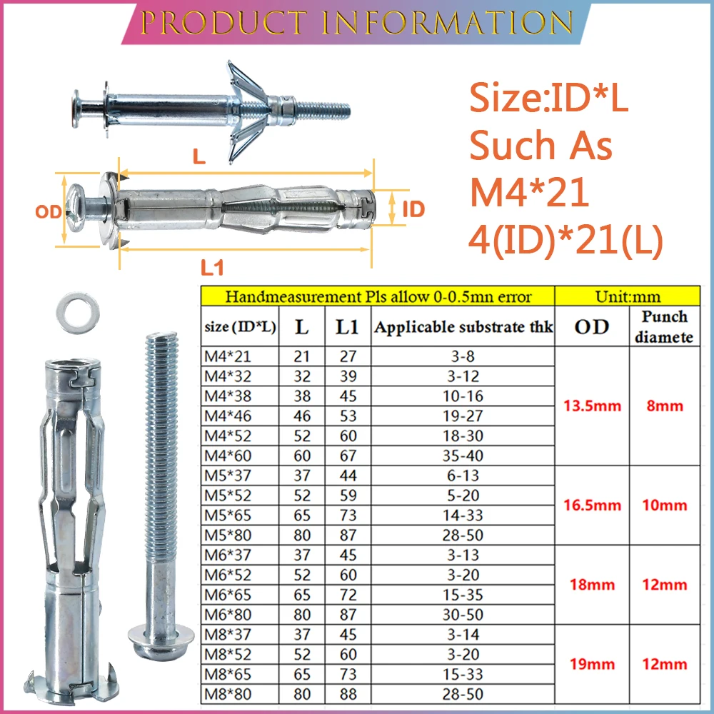 M4 M5 M6 M8 Molly Bolt Nut Drywall Expansion Screw Bolt Pipe Wall Ceiling Aircraft Tube Pipe Fix Hollow Plug Metal ScrewBolt Set