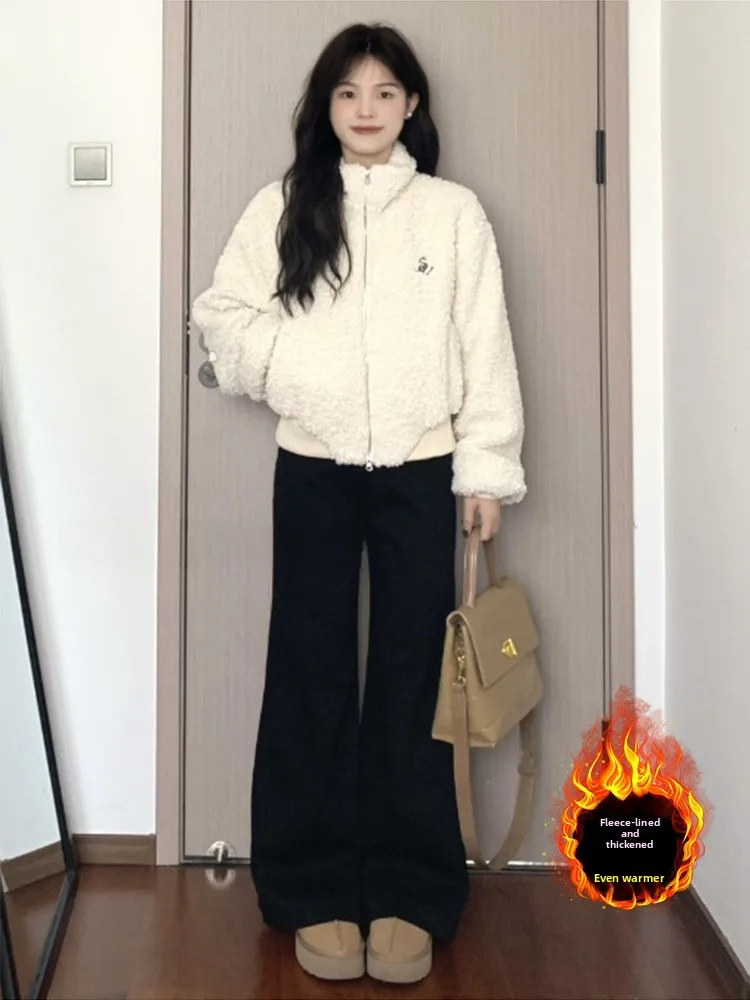 

Bla Fce Lined Thiened Свободные женские джинсы с высокой талией Широкие брюки Зимние повседневные брюки больших размеров для похудения Расклешенные брюки...