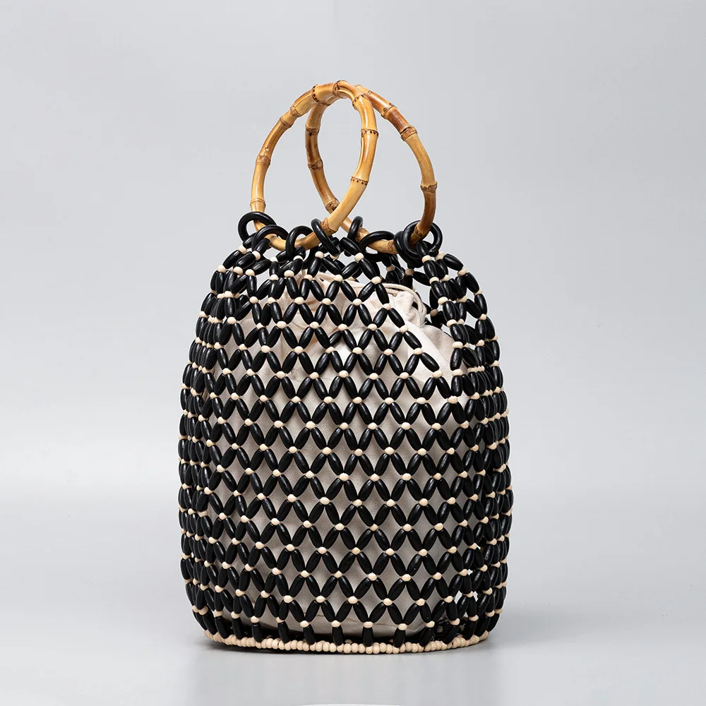 Large Capacity Wooden Bead Bucket Bag Handwoven Bamboo Material Handbag Women's Style for Beach Vacation Travel Casual Leisure
