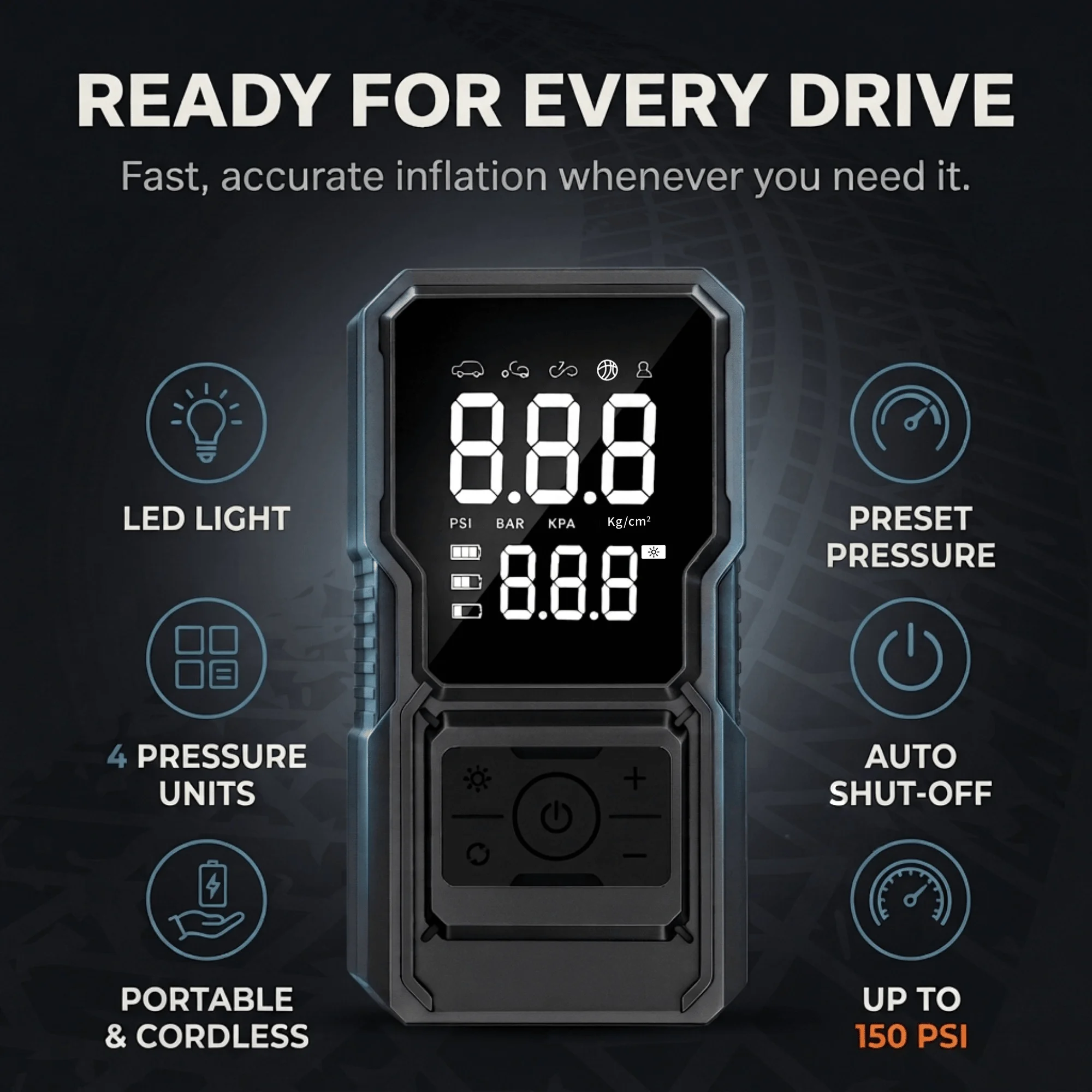 150 PSI Portable Tire Inflator, Cordless Digital Air Compressor with Auto Shut-Off for Cars, Motorcycles, Bicycles and Balls