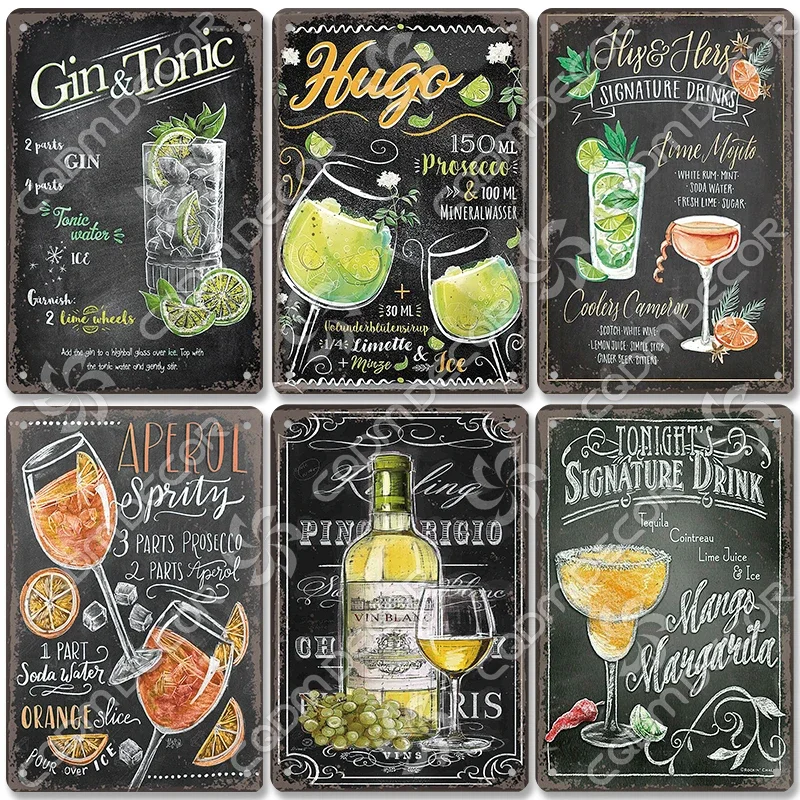 Drink Mojito Tin Sign Vintage Pina Colada Gin Tonic Metal Poster Wall Art Decor for Bar Pub Dinning Room Home