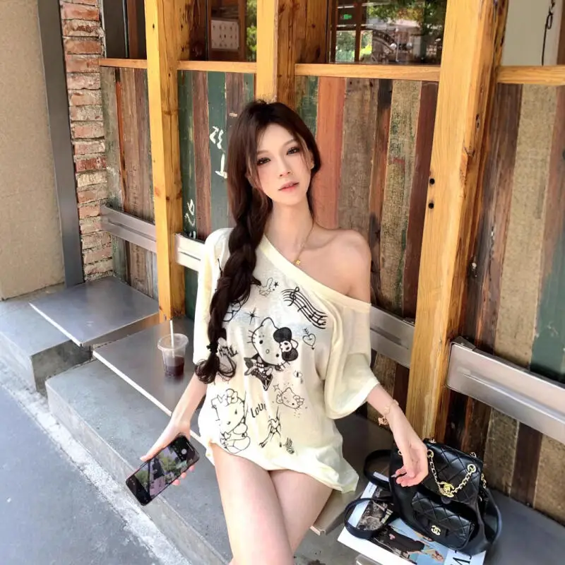 Sun Protection Blouse Hello Kitty Slanted Shoulder Cartoon Tops Thin Off-Shoulder Sanrio Girl Print Age-Reducing Fashion Leisure