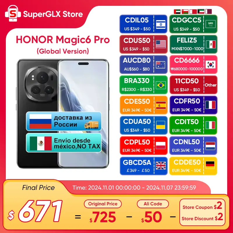 

2024 new Global Version HONOR Magic6 Pro Snapdragon 8 Gen 3 6.8'' Quad-Curved Floating Screen 180MP Periscope Telephoto Camera