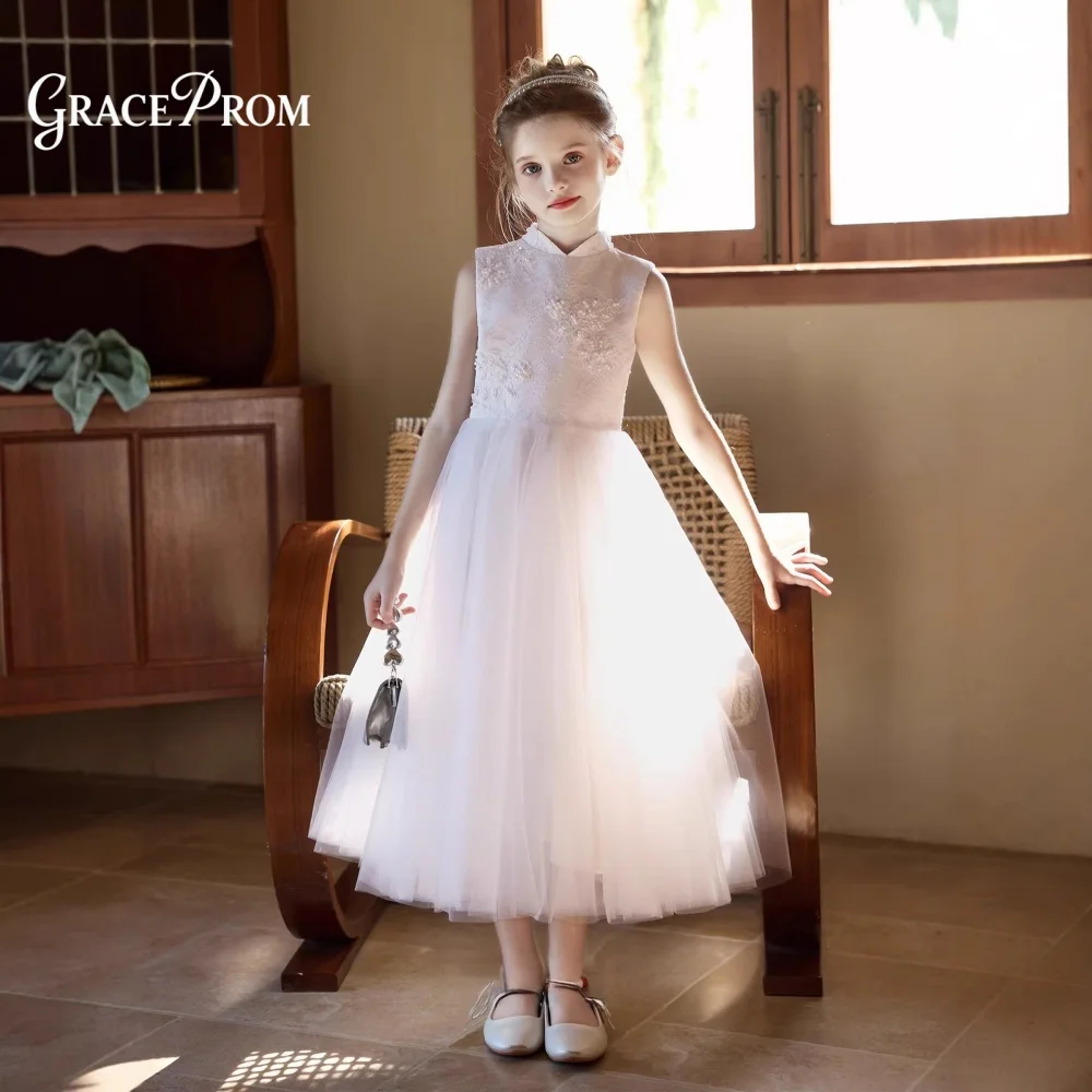 

Charming Sweet Ivory Sleeveless Flower Girl Dress Mandarin Collar Floral Appliques Soft Tulle Skirt Kids Wedding Pageant Gown