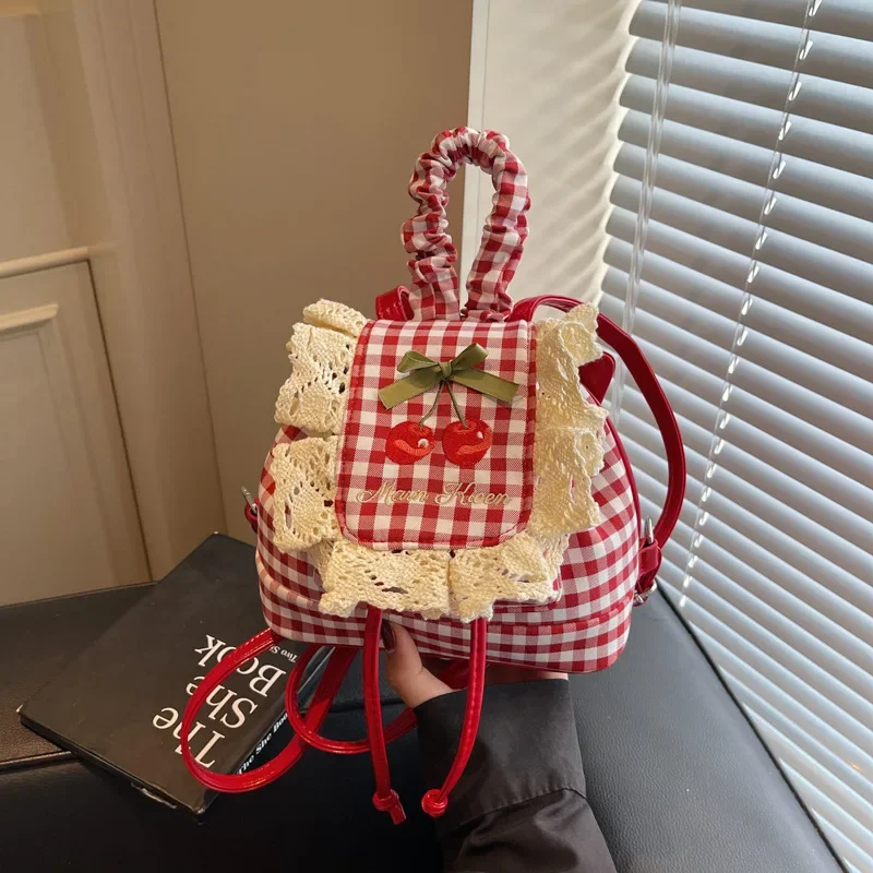 

Women's Korean Sweet Lace Backpack with Cherry Print, Mini Plaid Tote Bag for School, Double Shoulder College Fashion Bag