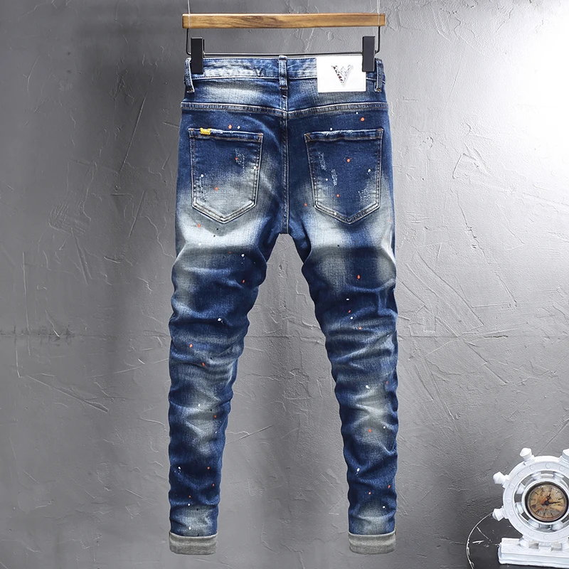 Italian designer street fashion men's jeans elastic slim fit split style washed retro blue painted jeans brand pants hombre